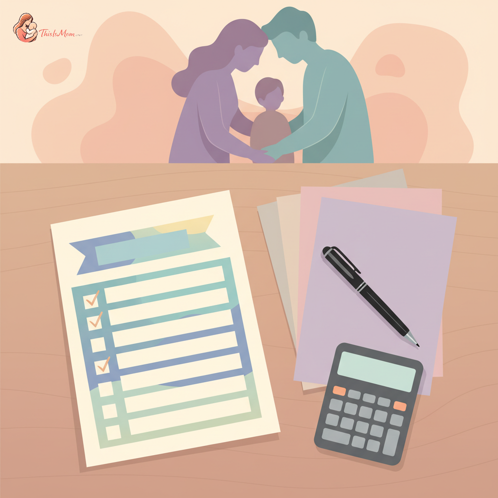 A family financial audit checklist page with a pen and calculator, set on a modern desk with blurred figures of parents and a young child in the background, symbolizing financial planning for young families.