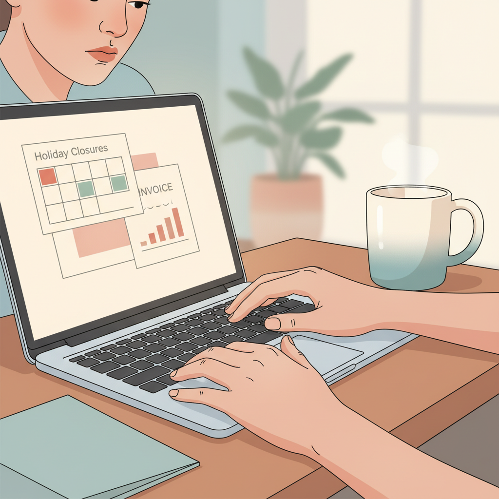 A parent looking thoughtfully at an open laptop, with a daycare contract or bill visible on the screen, while a calendar highlights upcoming holiday dates. The parent appears slightly stressed but determined.