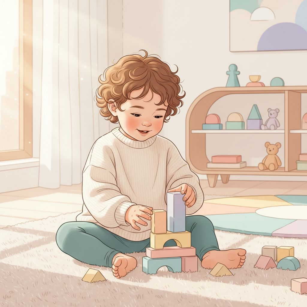 An 18-month-old child sitting on a colorful playmat, focused on stacking two large, colorful building blocks. Their hands are carefully positioned, and there are other age-appropriate toys like a board book and soft ball nearby.