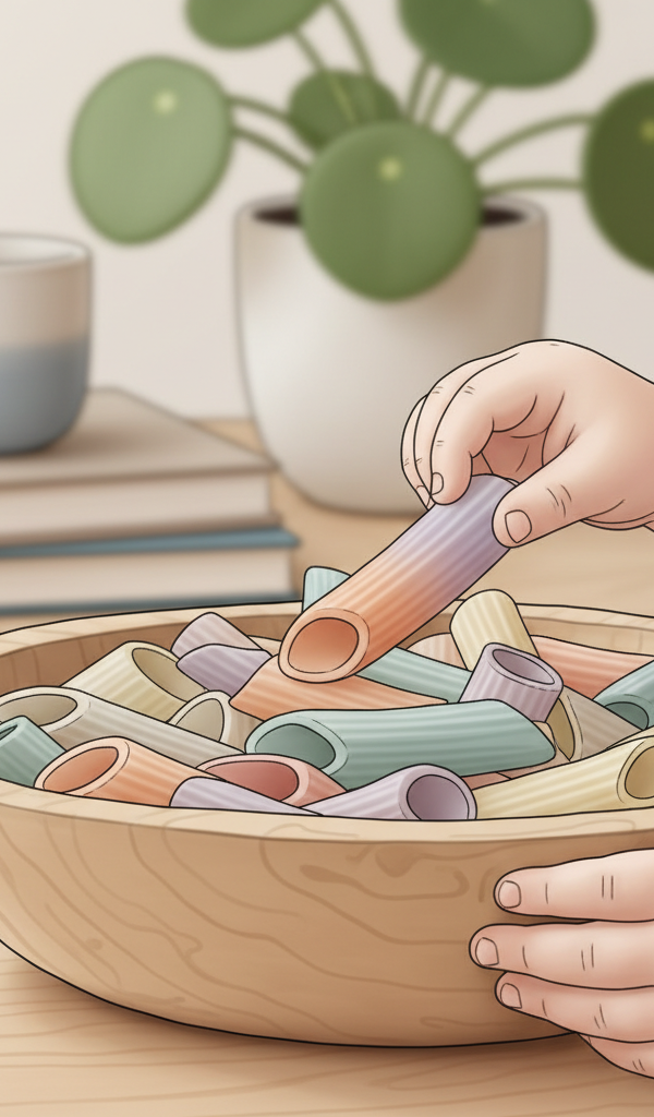 A toddler's hands carefully picking up a large pasta shape from a colorful bowl, demonstrating a developing pincer grasp with household items.