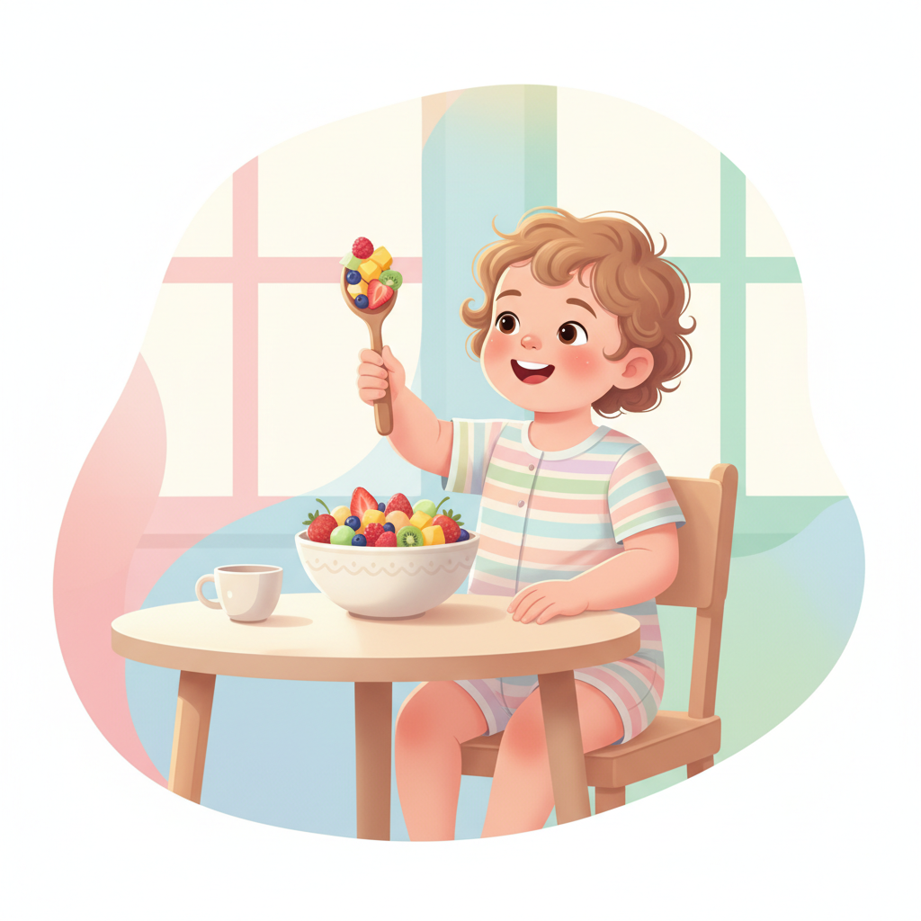 A toddler happily eating a colorful fruit salad from a small bowl, bright and airy kitchen setting.