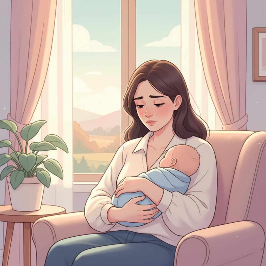 A new mother with a concerned expression, gently cradling her newborn baby while looking out a window, with soft, muted lighting creating a slightly melancholic atmosphere.