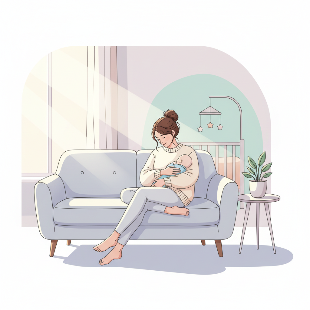 Mother sitting on a couch, holding her newborn baby, looking exhausted but peaceful.