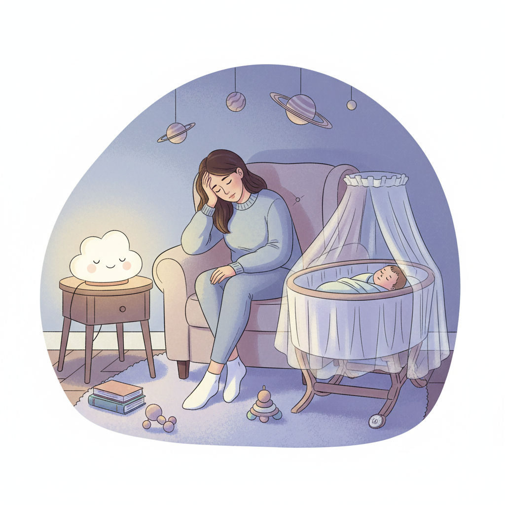Exhausted new mother staring blankly with a baby sleeping peacefully in a bassinet nearby, soft, dim lighting.