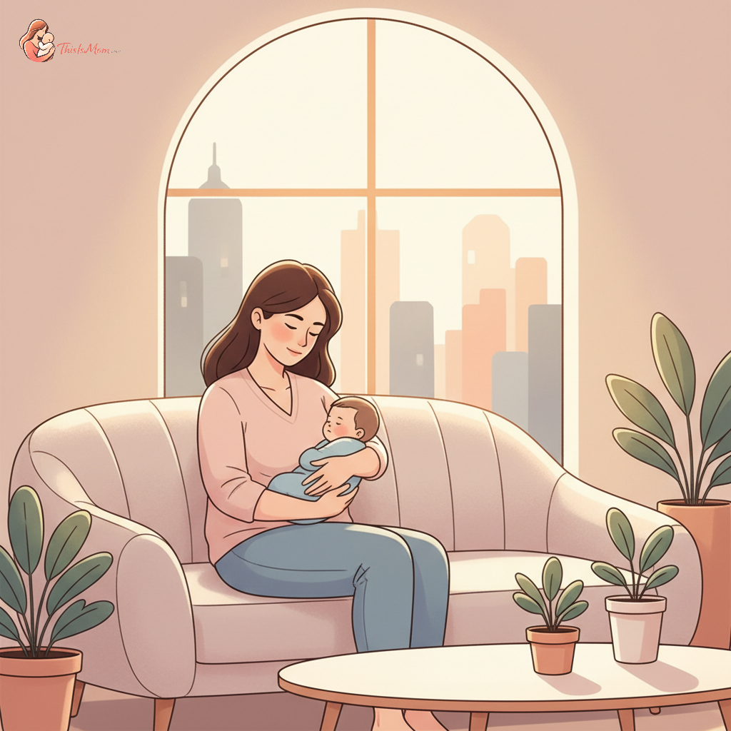 A new mother with a thoughtful and slightly concerned expression, looking down at her sleeping baby in a calm, softly lit nursery.