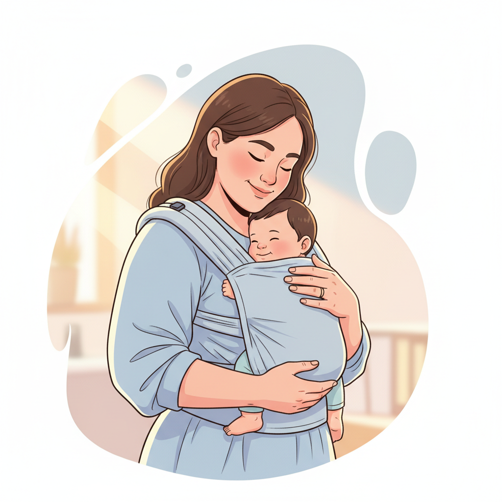 A smiling plus-size parent wearing a comfortable baby carrier, with their baby snuggled securely on their chest. The parent looks relaxed and happy.