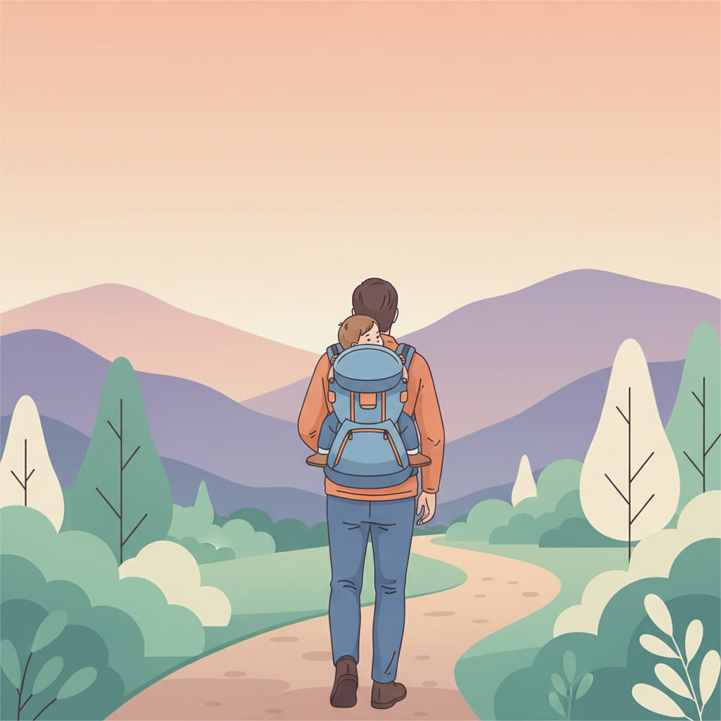 A parent wearing a baby carrier with strong back support is hiking on a scenic mountain trail, with a happy baby comfortably seated in the carrier, enjoying the view.