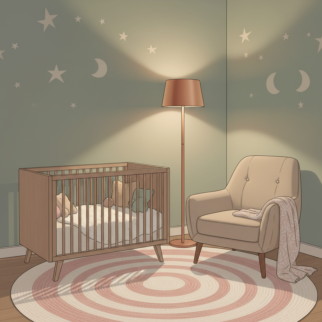 A tired parent sitting on a chair in a dimly lit nursery, looking towards a crib where a baby is sleeping peacefully. The chair is slightly pulled away from the crib, suggesting a gentle sleep training method.