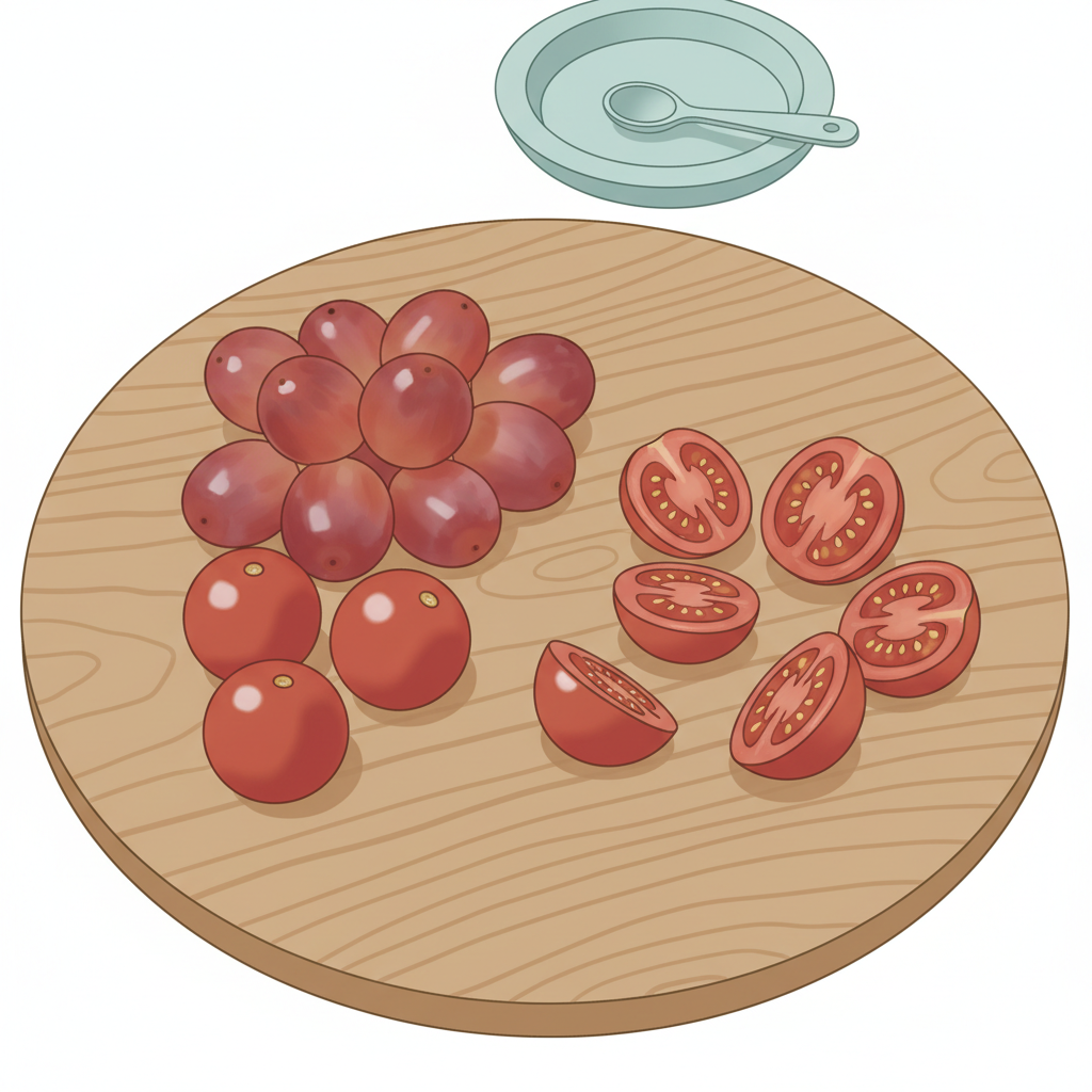 A close-up of a cutting board with red grapes and cherry tomatoes, some whole and some carefully quartered lengthwise, next to a small child's plate with a spoon, highlighting safe food preparation for babies.