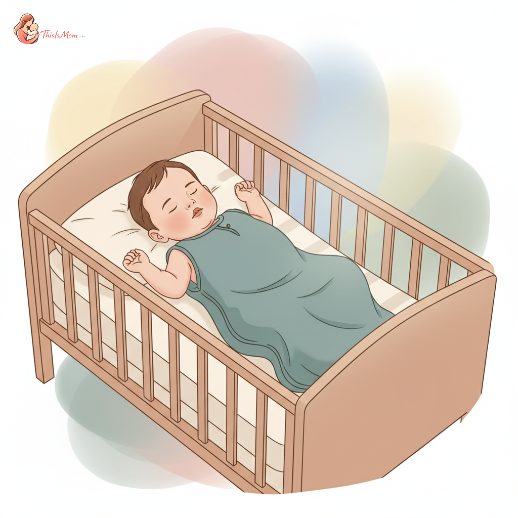 A content baby, approximately 3 months old, sleeping peacefully in a halo sleep sack, with arms free, in a safe crib environment.