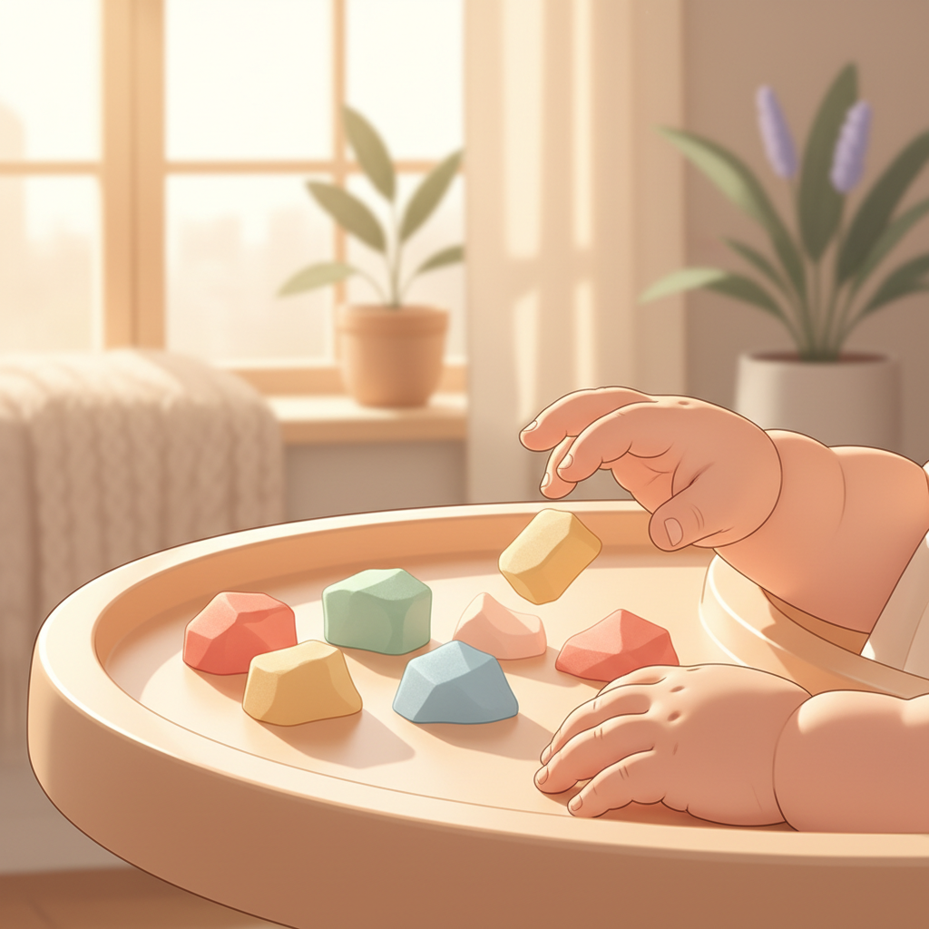Baby is happily exploring soft pieces of avocado on a high chair tray.