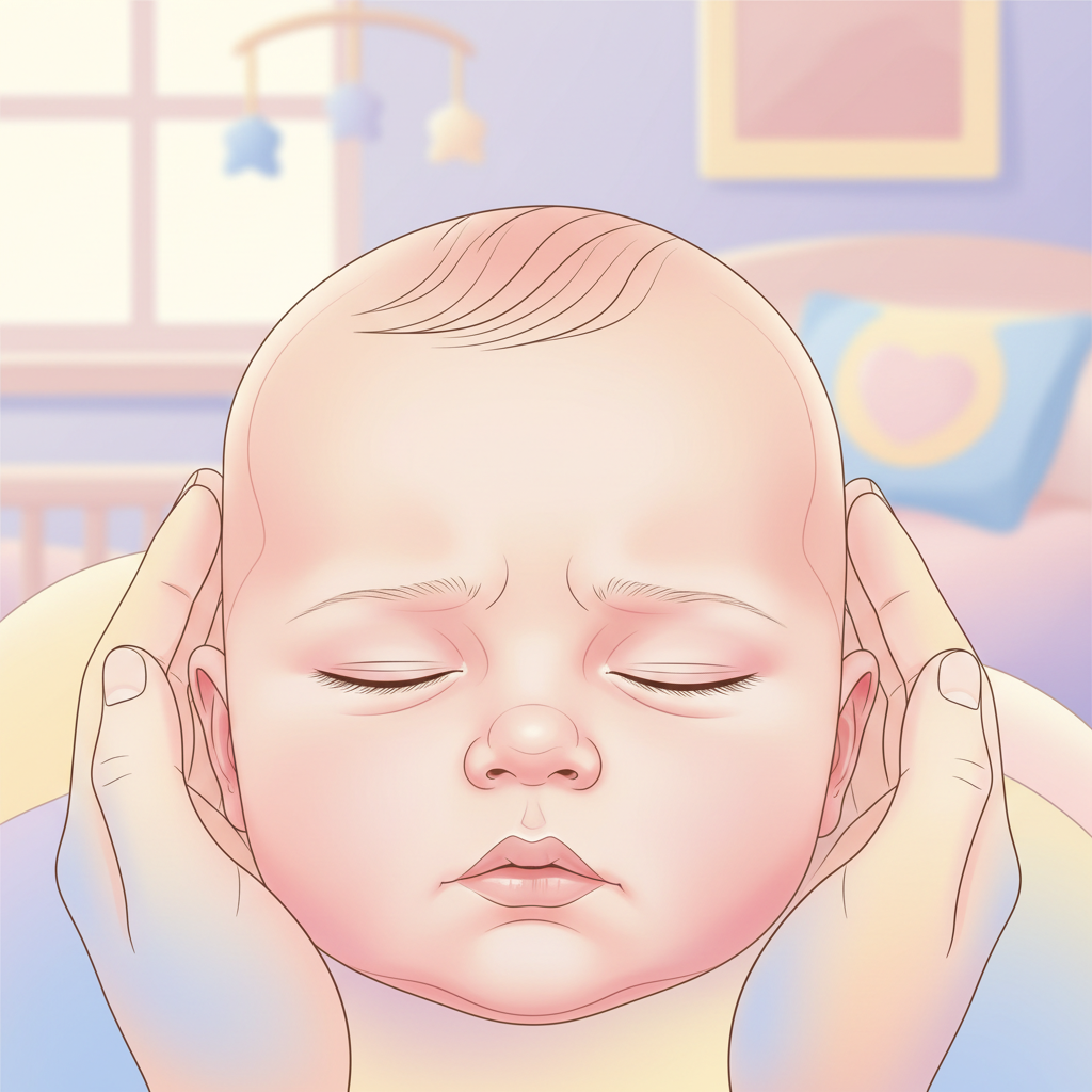 A tired mother gently lowering her four-month-old baby into a crib, looking serene but with a slight apprehension, in a dimly lit nursery with soft textures.