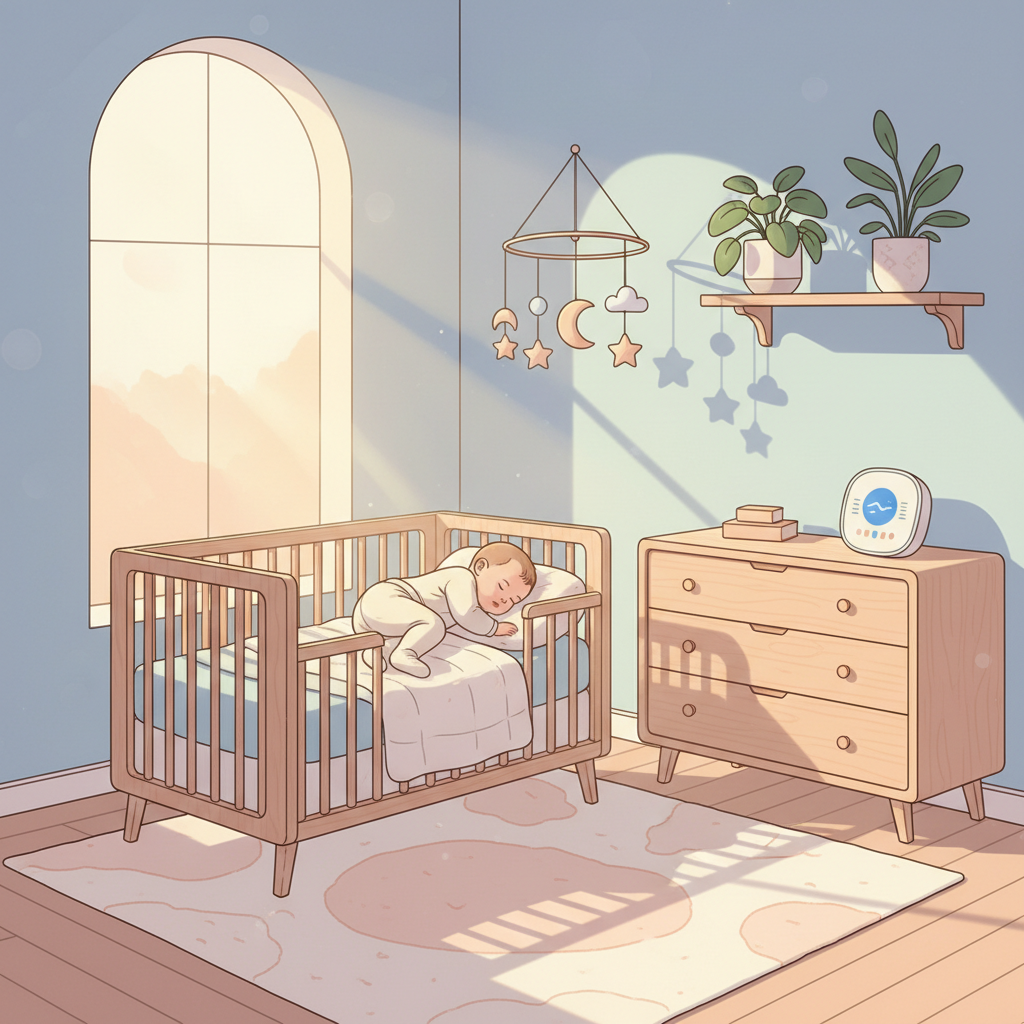 A peaceful baby sleeping soundly in a crib, dressed in warm footie pajamas with a light, breathable onesie underneath, surrounded by white noise machine and a room thermometer on a bedside table.