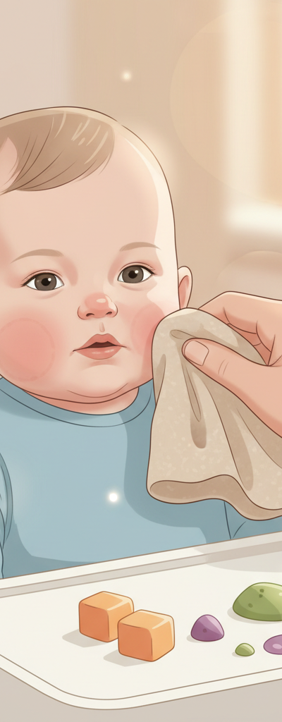A baby with a small, localized rash around its mouth, gently being wiped by a parent's hand. The baby is seated in a high chair, with a few pieces of soft, colorful food on the tray.