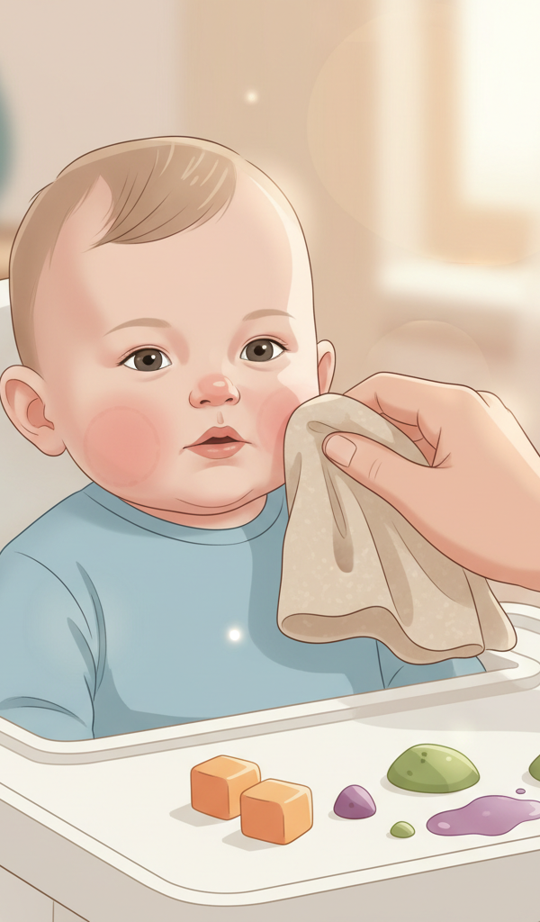 A baby with a small, localized rash around its mouth, gently being wiped by a parent's hand. The baby is seated in a high chair, with a few pieces of soft, colorful food on the tray.