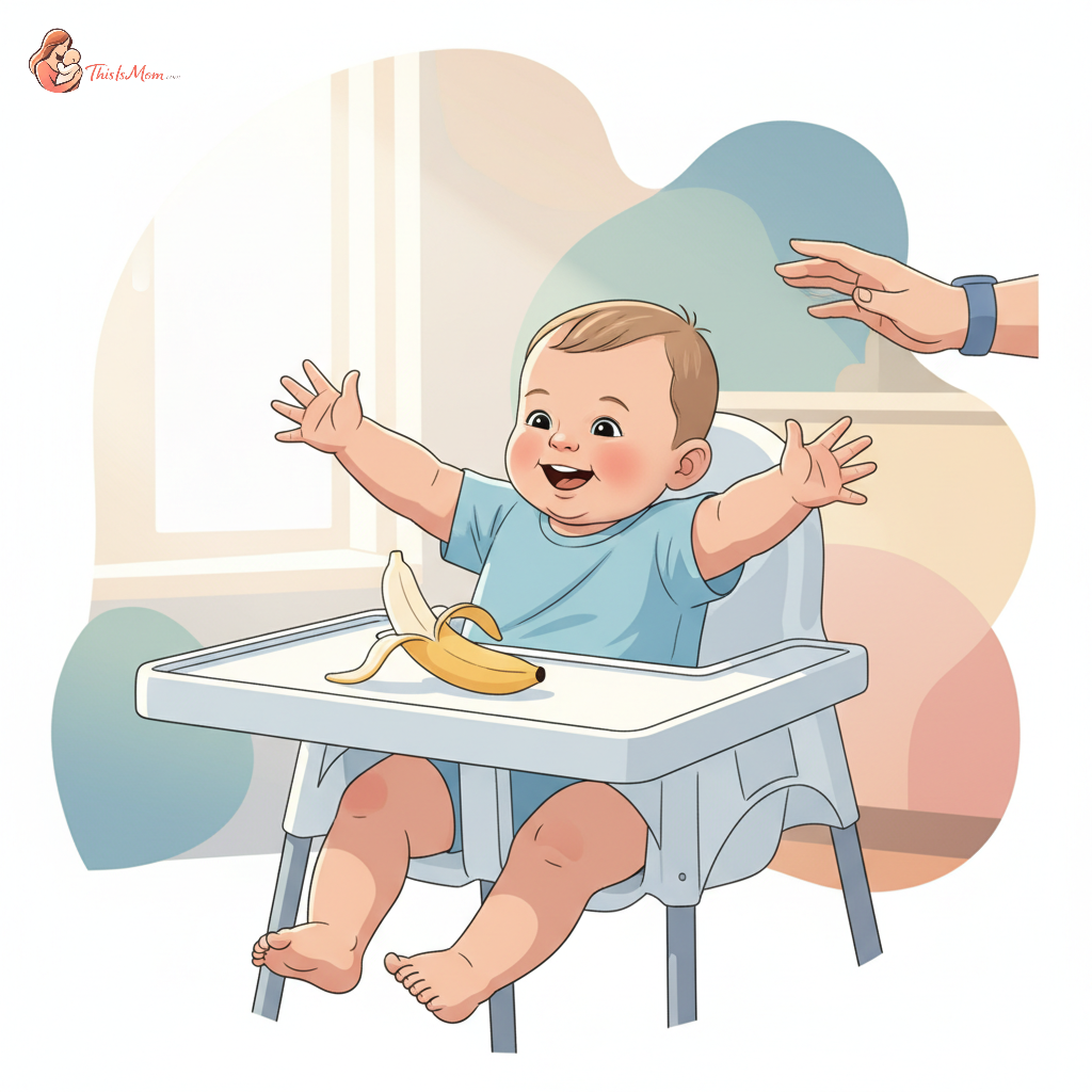 Close-up of a baby in a high chair reaching for a piece of soft food, with an adult hand nearby. Focus on the baby's expression of curiosity and engagement.