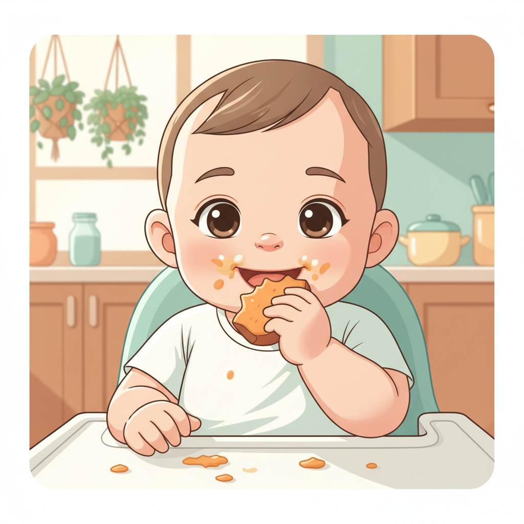 An 8-month-old baby with no teeth happily eating a soft, well-cooked piece of sweet potato in a high chair, making a joyful mess.