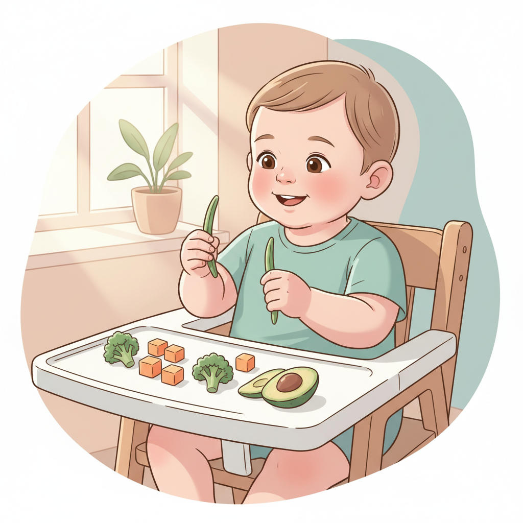 Baby with soft green bean in hand, exploring it during baby-led weaning, with other safe vegetable pieces on a high chair tray