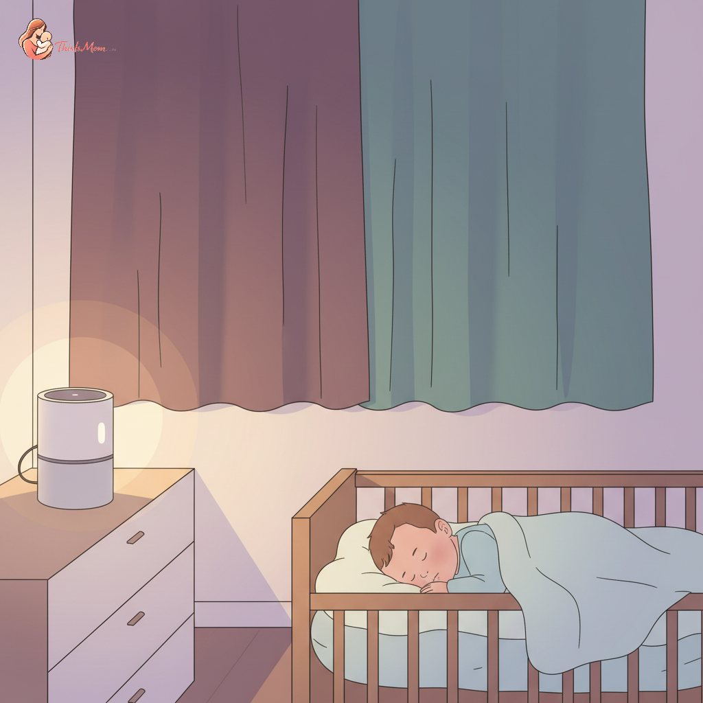 Peaceful baby sleeping soundly in a dark nursery with a gentle glow from a white noise machine, indicating a longer nap.