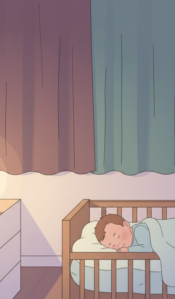 Peaceful baby sleeping soundly in a dark nursery with a gentle glow from a white noise machine, indicating a longer nap.