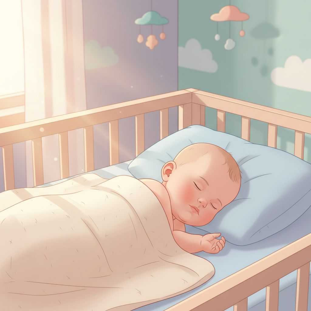A peaceful 6-month-old baby sleeping soundly in a cozy crib with a dim, warm light and soft blanket