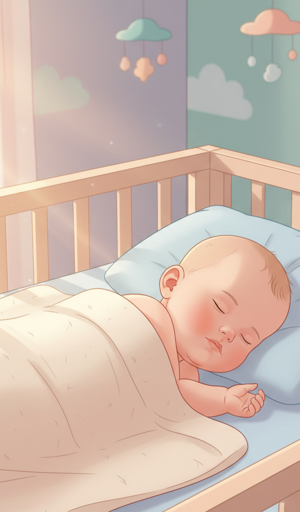 A peaceful 6-month-old baby sleeping soundly in a cozy crib with a dim, warm light and soft blanket