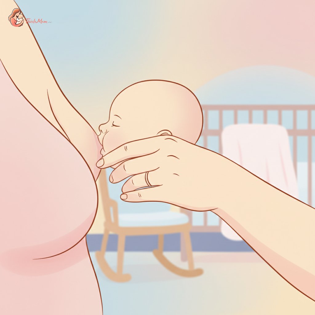 A tired but loving parent gently unlatching their sleeping baby from the breast, surrounded by a soft, dim light in a nursery