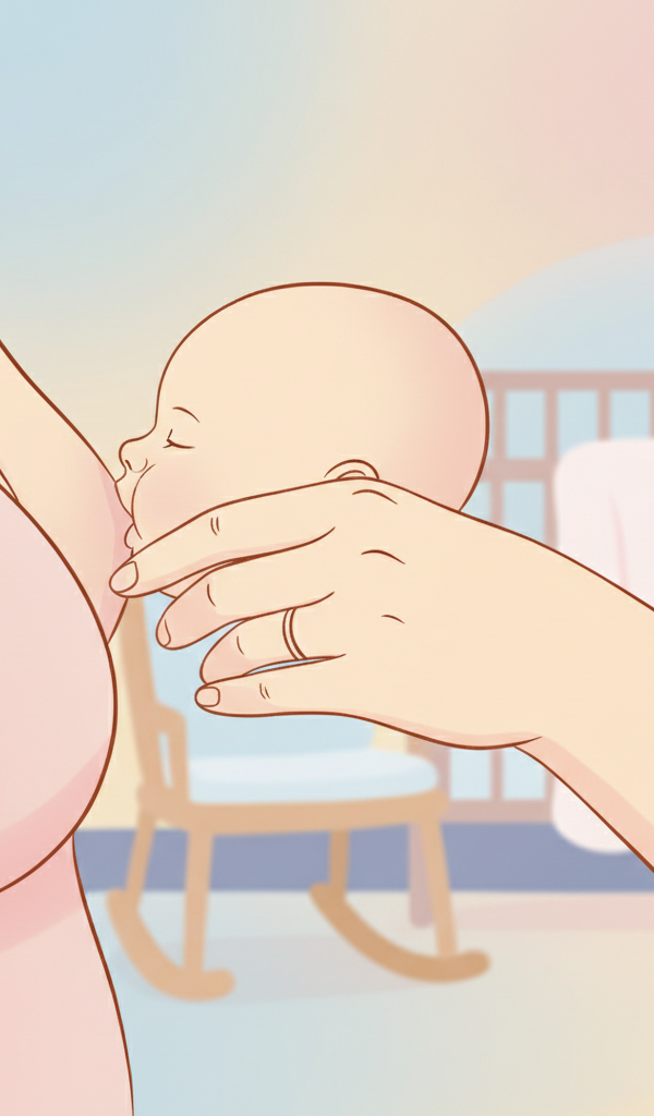 A tired but loving parent gently unlatching their sleeping baby from the breast, surrounded by a soft, dim light in a nursery