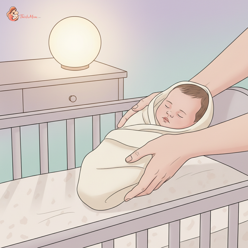 Exhausted mother gently placing her sleeping baby into a crib after nursing, in a dimly lit nursery, with a soft nightlight glowing
