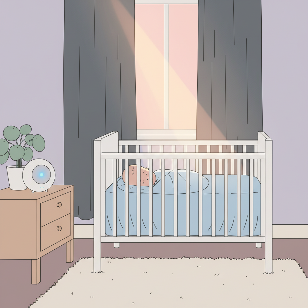 A baby sleeping peacefully in a dimly lit nursery.