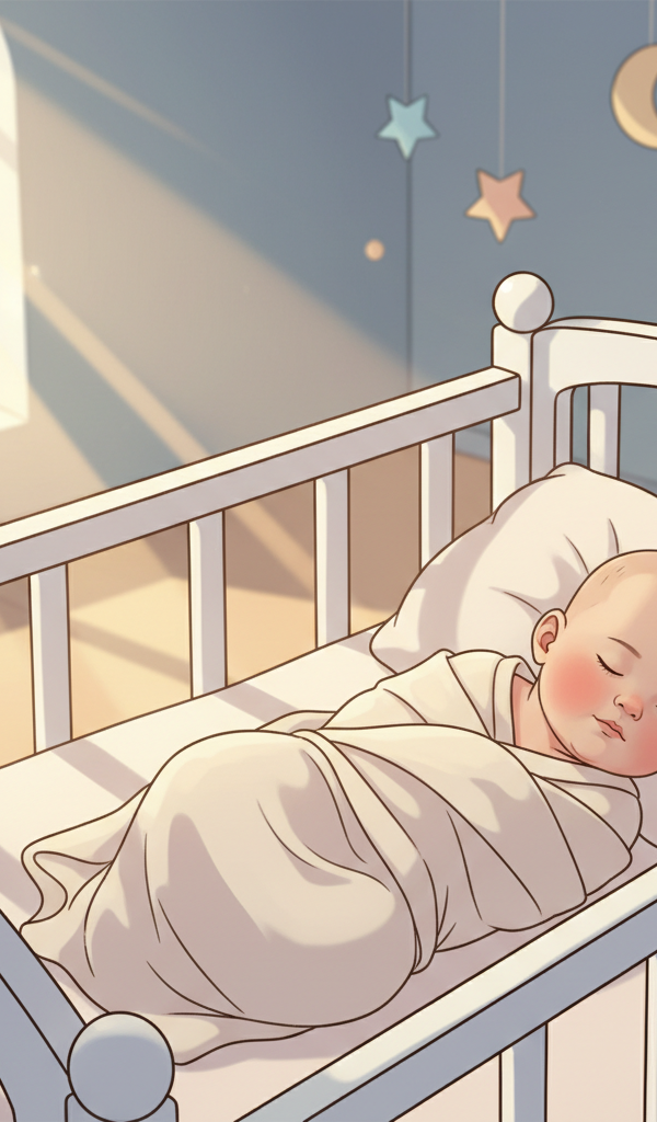 A peaceful baby sleeping soundly in a crib with soft, dim lighting, symbolizing successful longer naps.