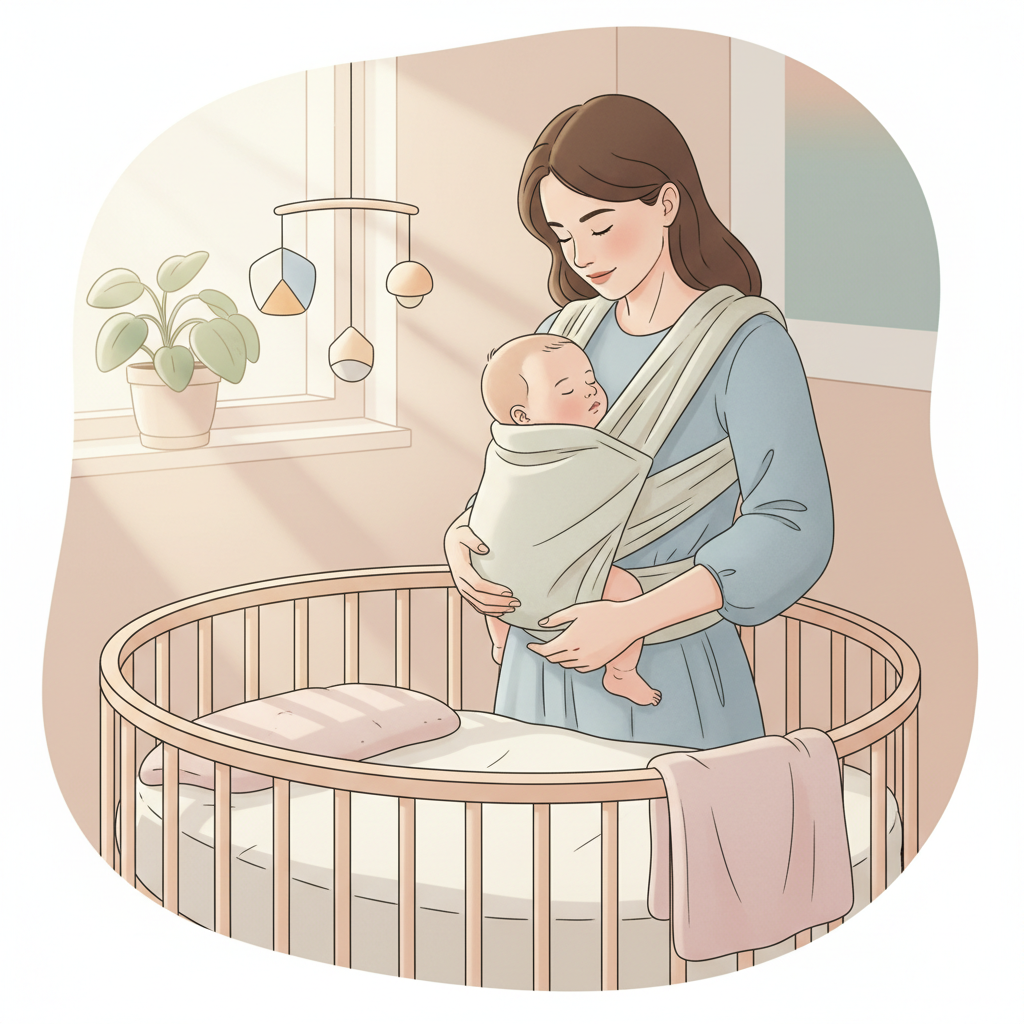 Mother gently transferring a sleeping baby from a soft fabric carrier into a crib.