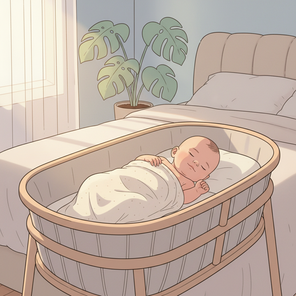 A peaceful baby sleeping soundly in a bassinet next to a parent's bed, with soft, warm light filtering in.