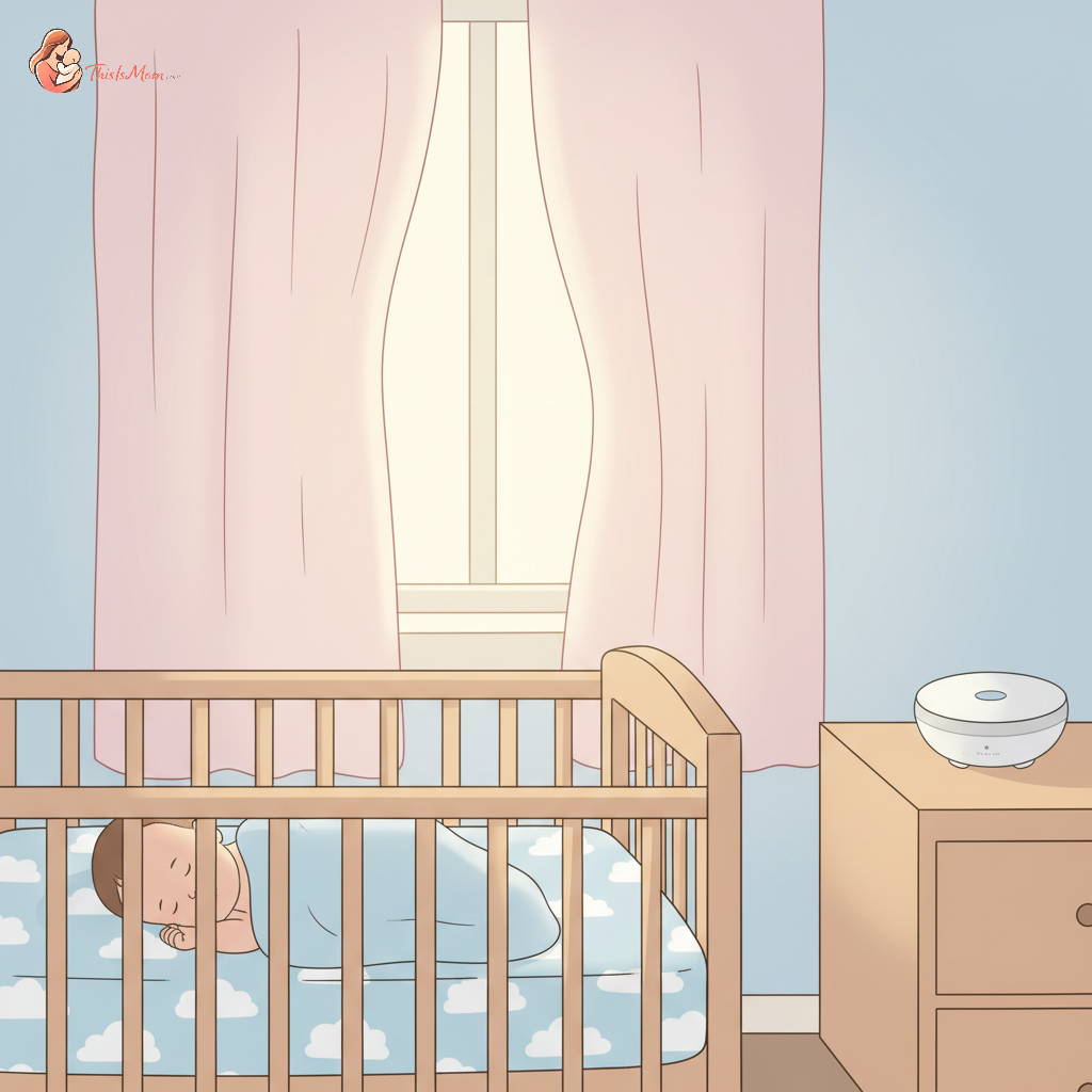 Peaceful baby sleeping on their back in a simple, secure crib, with a soft white noise machine on a nearby dresser.