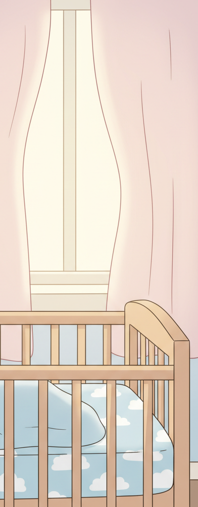 Peaceful baby sleeping on their back in a simple, secure crib, with a soft white noise machine on a nearby dresser.