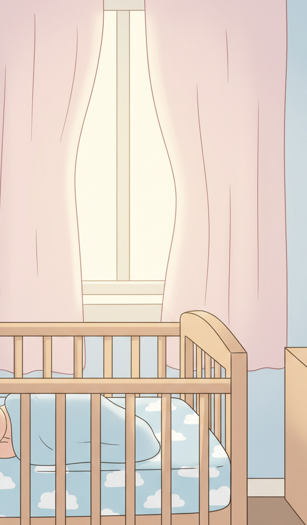 Peaceful baby sleeping on their back in a simple, secure crib, with a soft white noise machine on a nearby dresser.