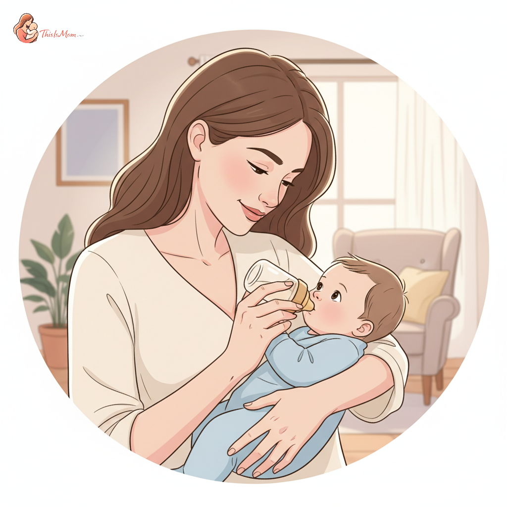 A calm, smiling mother gently offering a bottle of formula to her baby, who is looking curiously at it. Soft, natural lighting and a comfortable home setting.