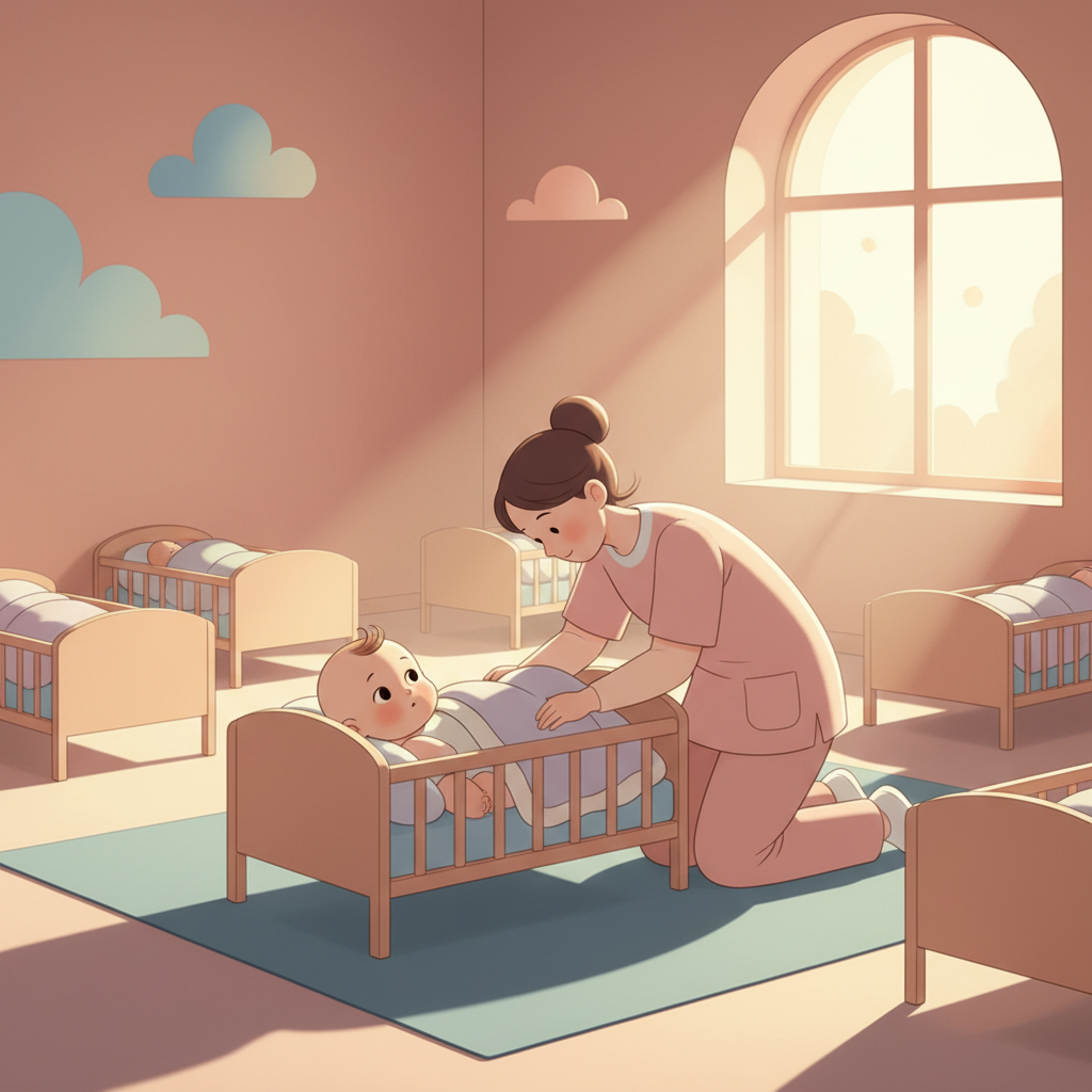 A tired-looking baby being comforted by a daycare worker during naptime.