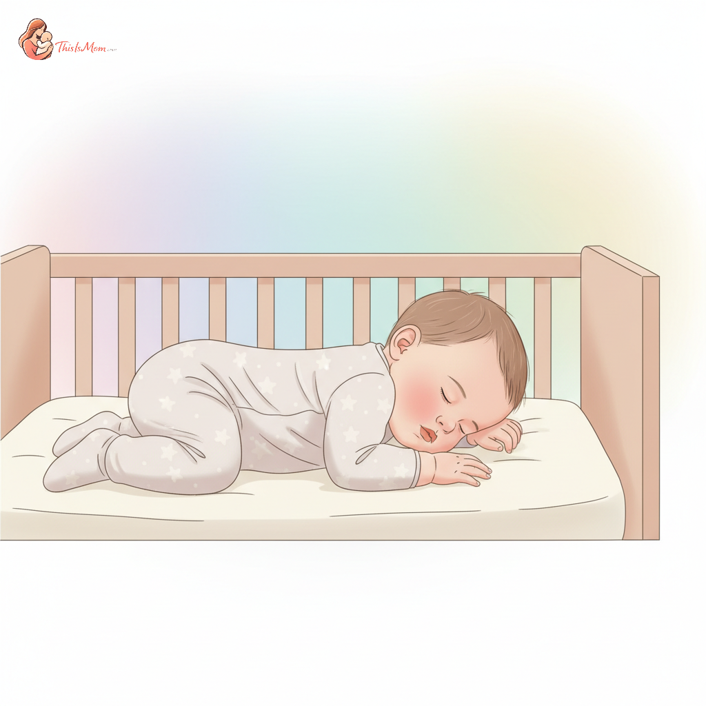 A peaceful baby sleeping soundly on their stomach in a bare crib with a fitted sheet, after having rolled over independently.