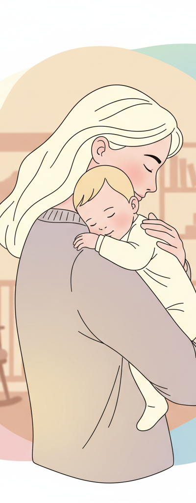 Close-up of a baby being gently burped by a parent after a feeding, with a clean burp cloth nearby, showing a calm and relieved expression on the baby's face.