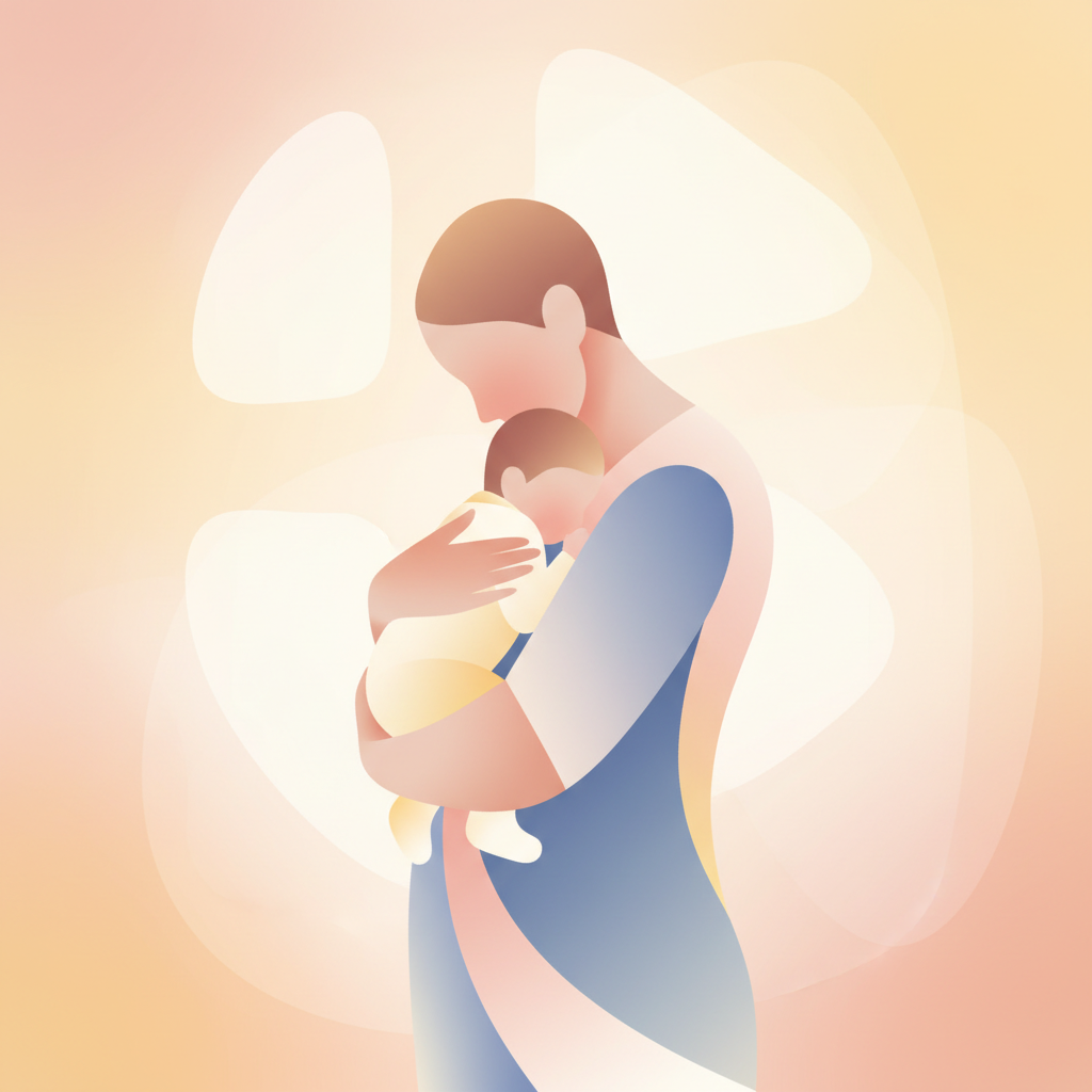 A parent gently burping a baby after a feeding, with soft light in the background