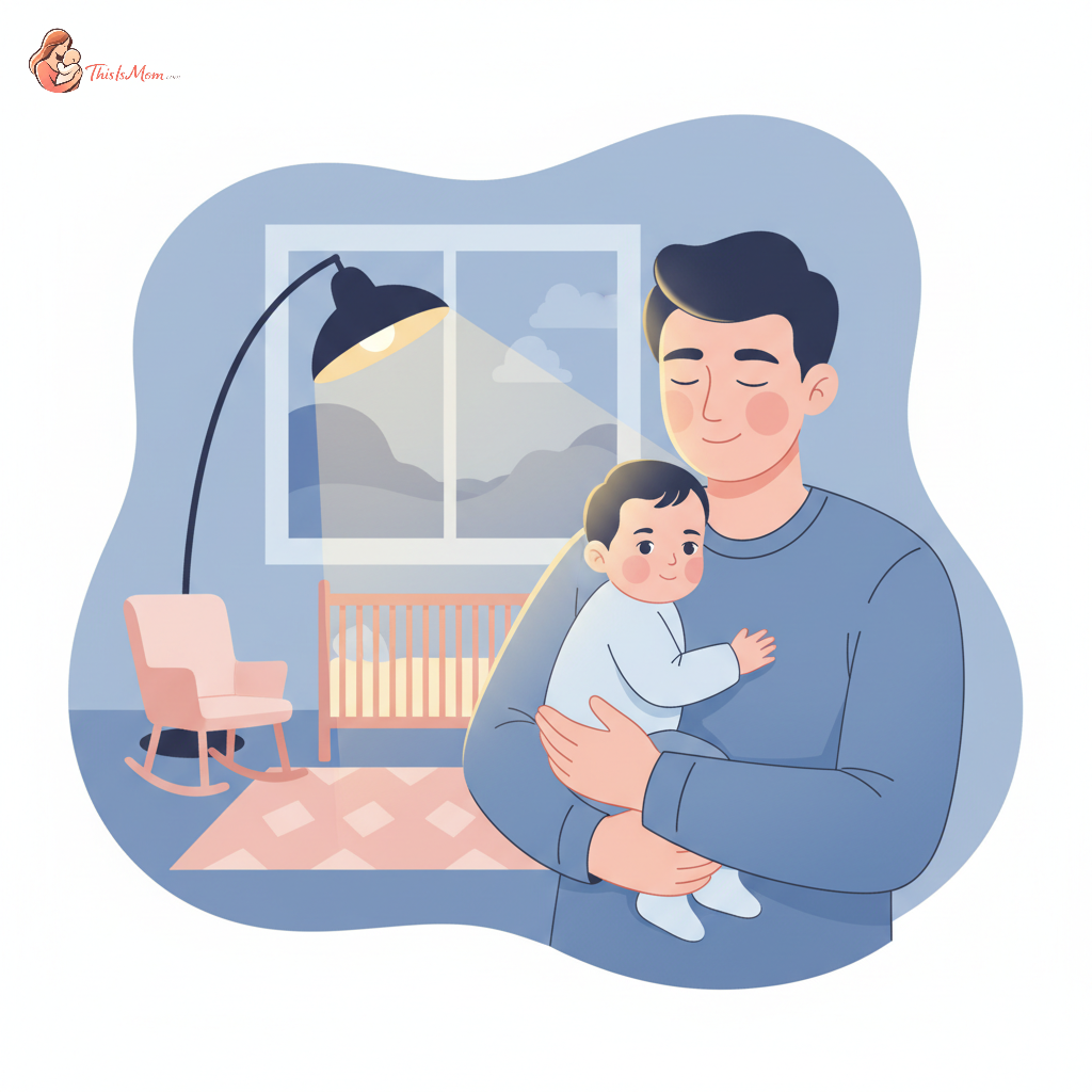 A tired but loving parent gently rocking their six-month-old baby back to sleep in a dimly lit nursery during a night feeding.