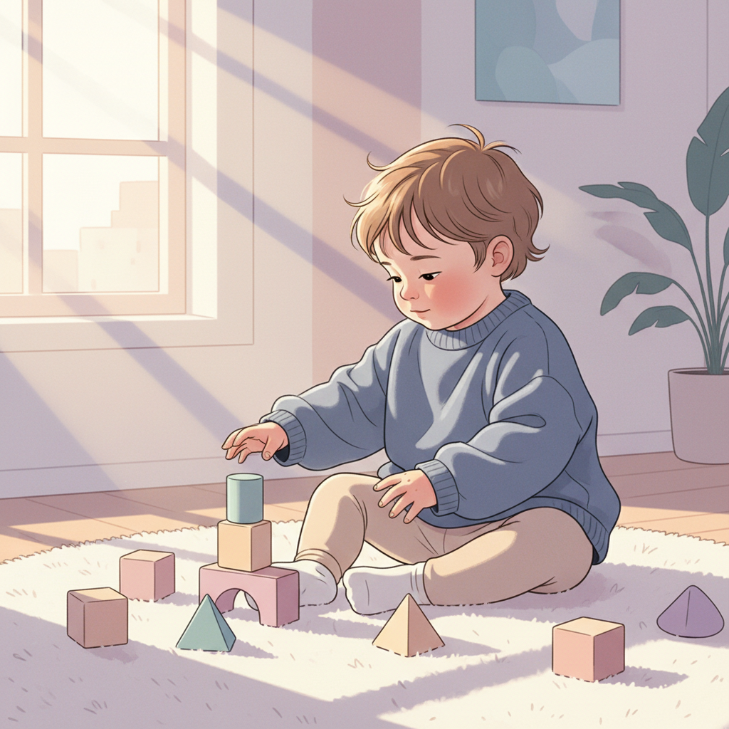 An 18-month-old toddler exploring a colorful block toy, with one hand reaching out, curious expression.