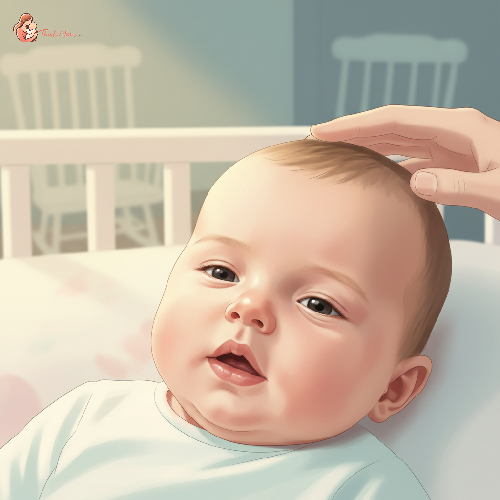 A close-up of a baby's face in a dark nursery, their mouth slightly open, with a parent's hand gently hovering nearby, illuminated by a soft nightlight.