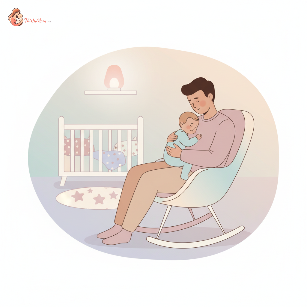 A tired parent gently comforting their 9-month-old baby in a dimly lit nursery during a night waking, with the baby looking distressed but not hungry.