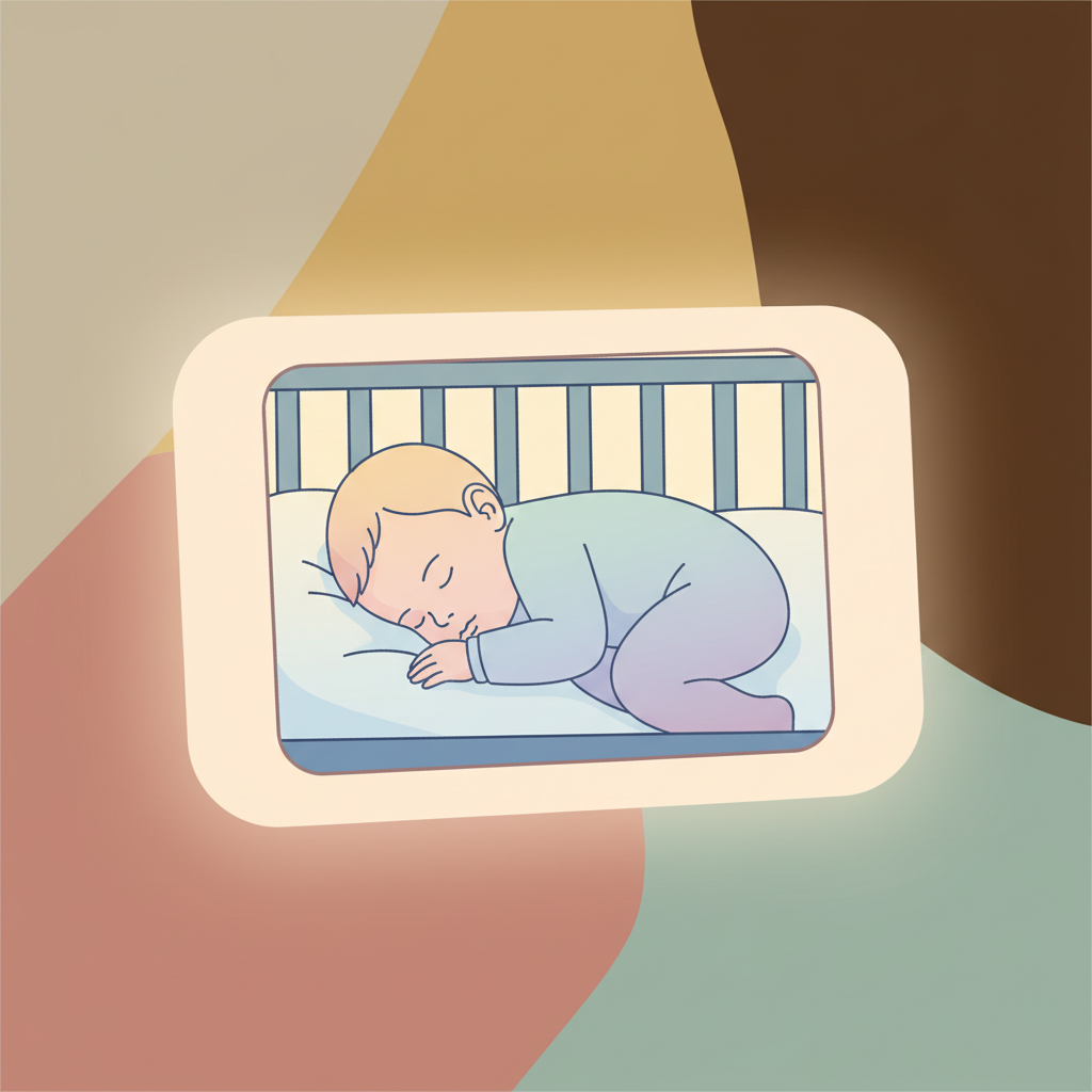 Parent looking tired and concerned at a baby monitor showing a baby in a crib.