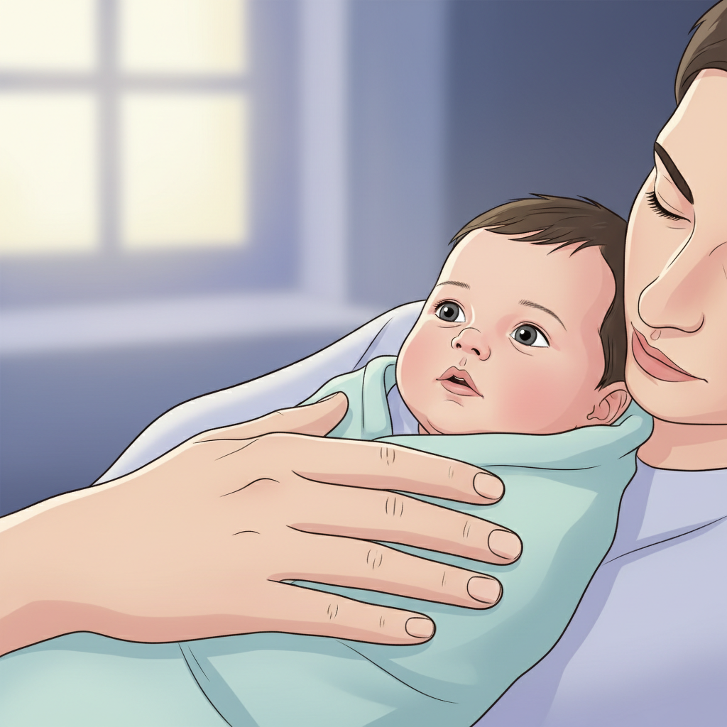 A tired parent gently comforting a wide-awake 5-month-old baby in a softly lit nursery during the night. The parent has dark circles under their eyes but a tender expression.