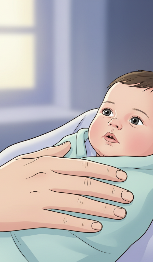 A tired parent gently comforting a wide-awake 5-month-old baby in a softly lit nursery during the night. The parent has dark circles under their eyes but a tender expression.