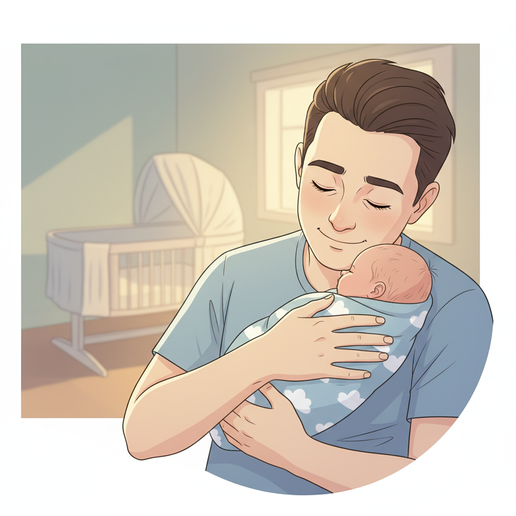 Exhausted parent gently swaying a swaddled 3-week-old baby in their arms, with an empty bassinet visible in the soft, dim light of a nursery at night