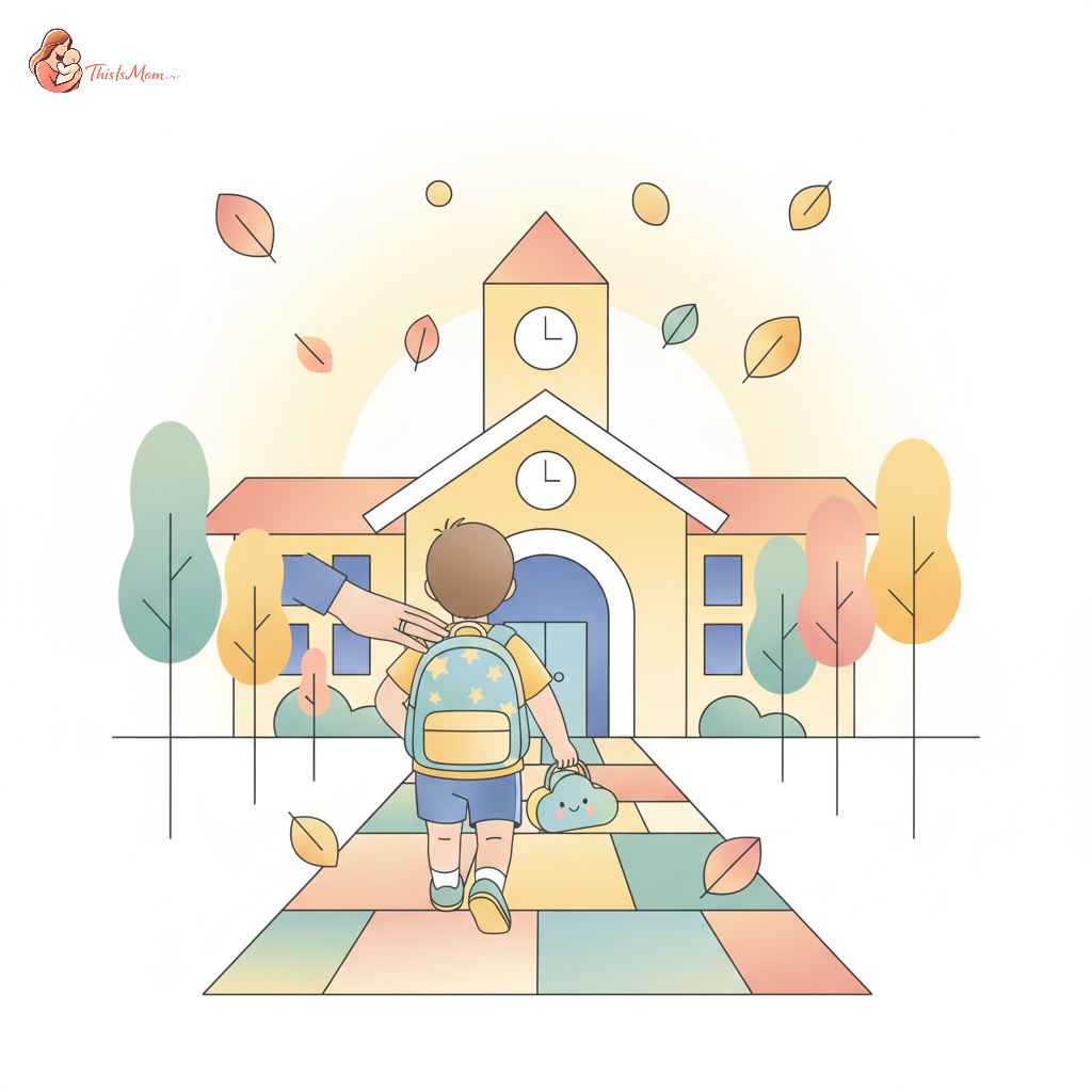 A child wearing a backpack walking towards a school building, with a parent's hand gently on their shoulder, conveying support and readiness for the new school year.